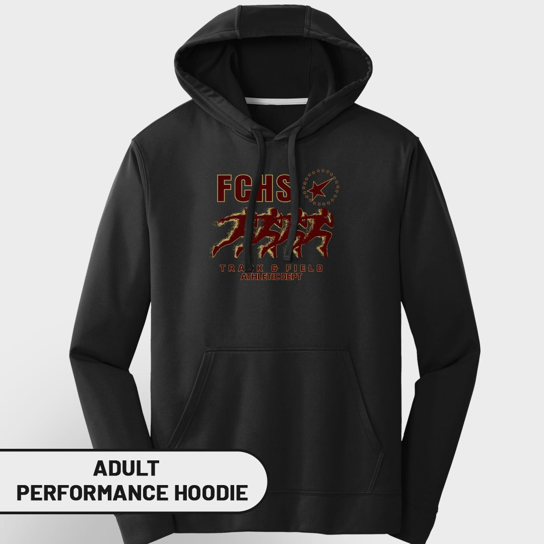 Black adult performance hoodie with FCHS track and field athletic dept graphic.