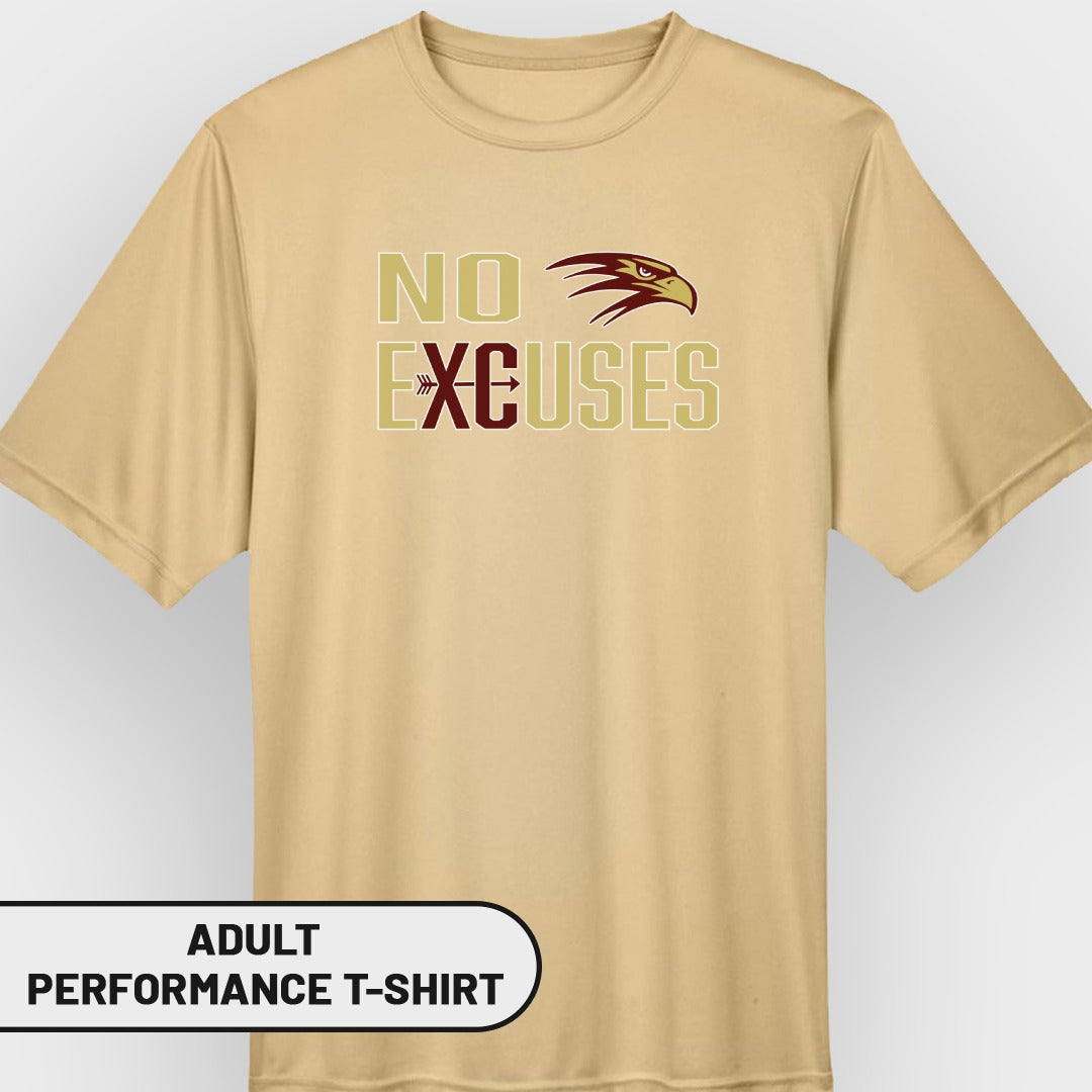 Tan adult performance t-shirt with "NO EXCUSES" and eagle graphic.