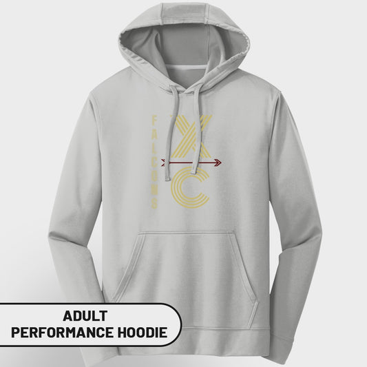 Light grey adult performance hoodie with "FALCONS XC" graphic.