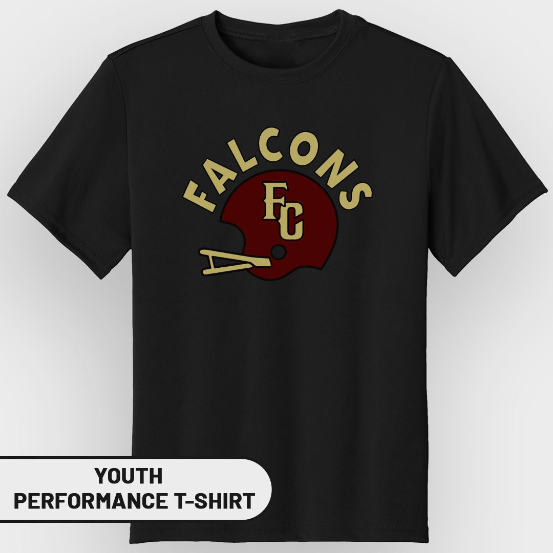 Black youth performance t-shirt with Falcons FC helmet graphic.