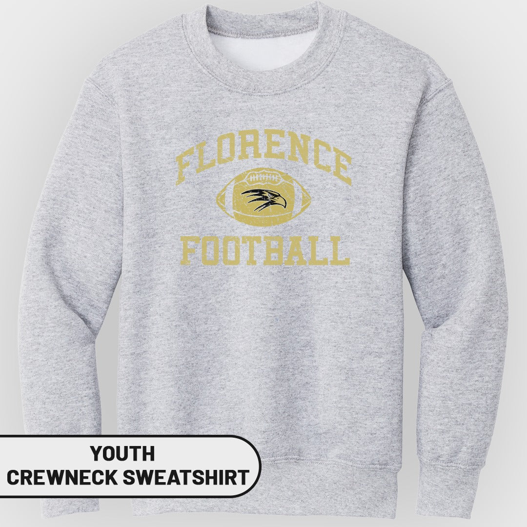 Youth crewneck sweatshirt with "Florence Football" text and eagle logo.