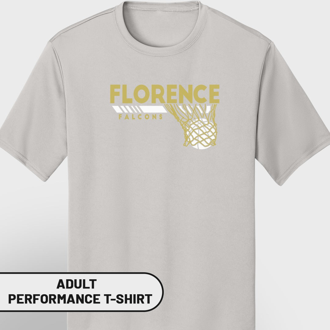 Grey t-shirt with gold "FLORENCE FALCONS" text and basketball net graphic.