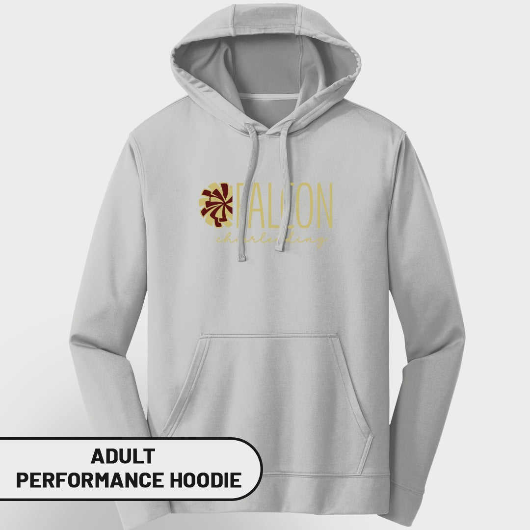 Light grey adult performance hoodie with "FALCON cheerleading" graphic.