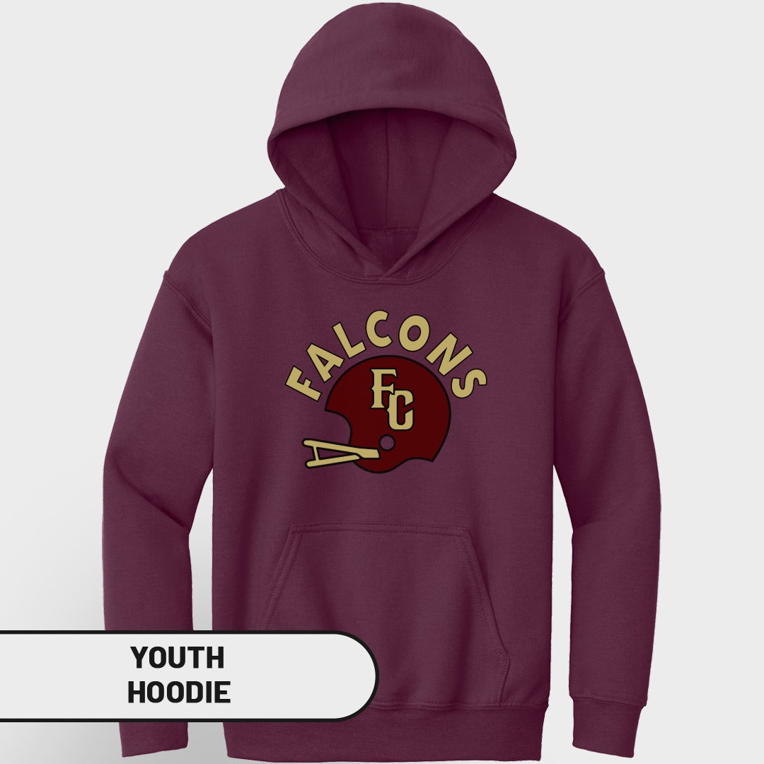 Maroon youth hoodie with a "Falcons FC" helmet graphic.