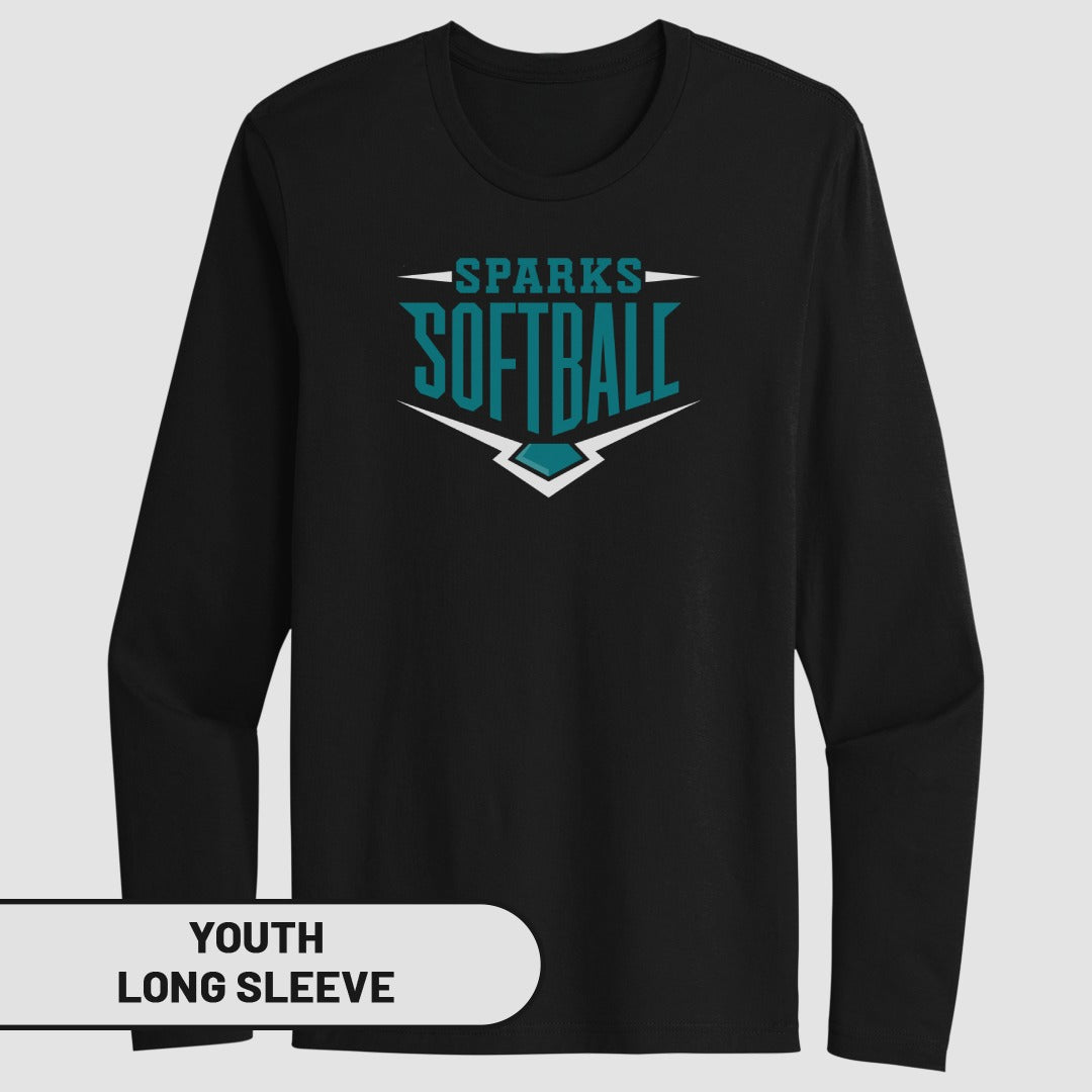 Black long sleeve shirt with "Sparks Softball" logo and "Youth Long Sleeve" label.