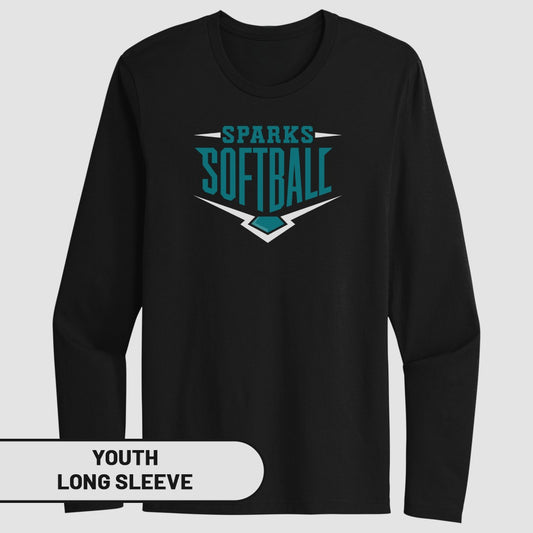 Black long sleeve shirt with "Sparks Softball" logo and "Youth Long Sleeve" label.