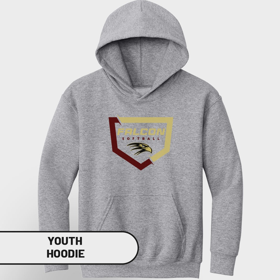 Grey youth hoodie with a maroon and gold shield logo for Falcon Softball.