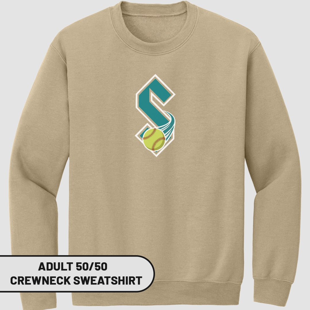 Tan crewneck sweatshirt with stylized "S" logo and softball graphic.