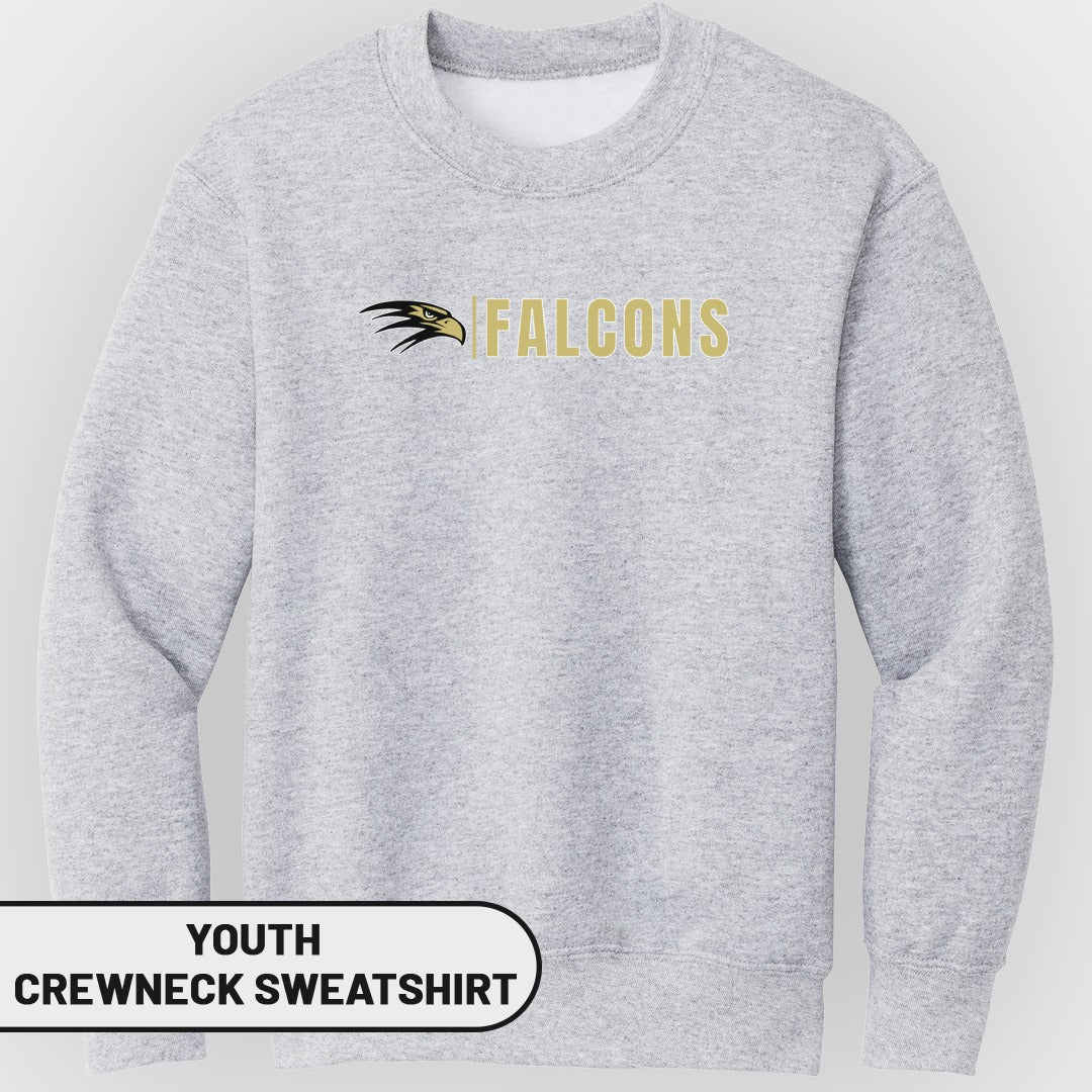 Grey youth crewneck sweatshirt with "Falcons" text and a bird logo.