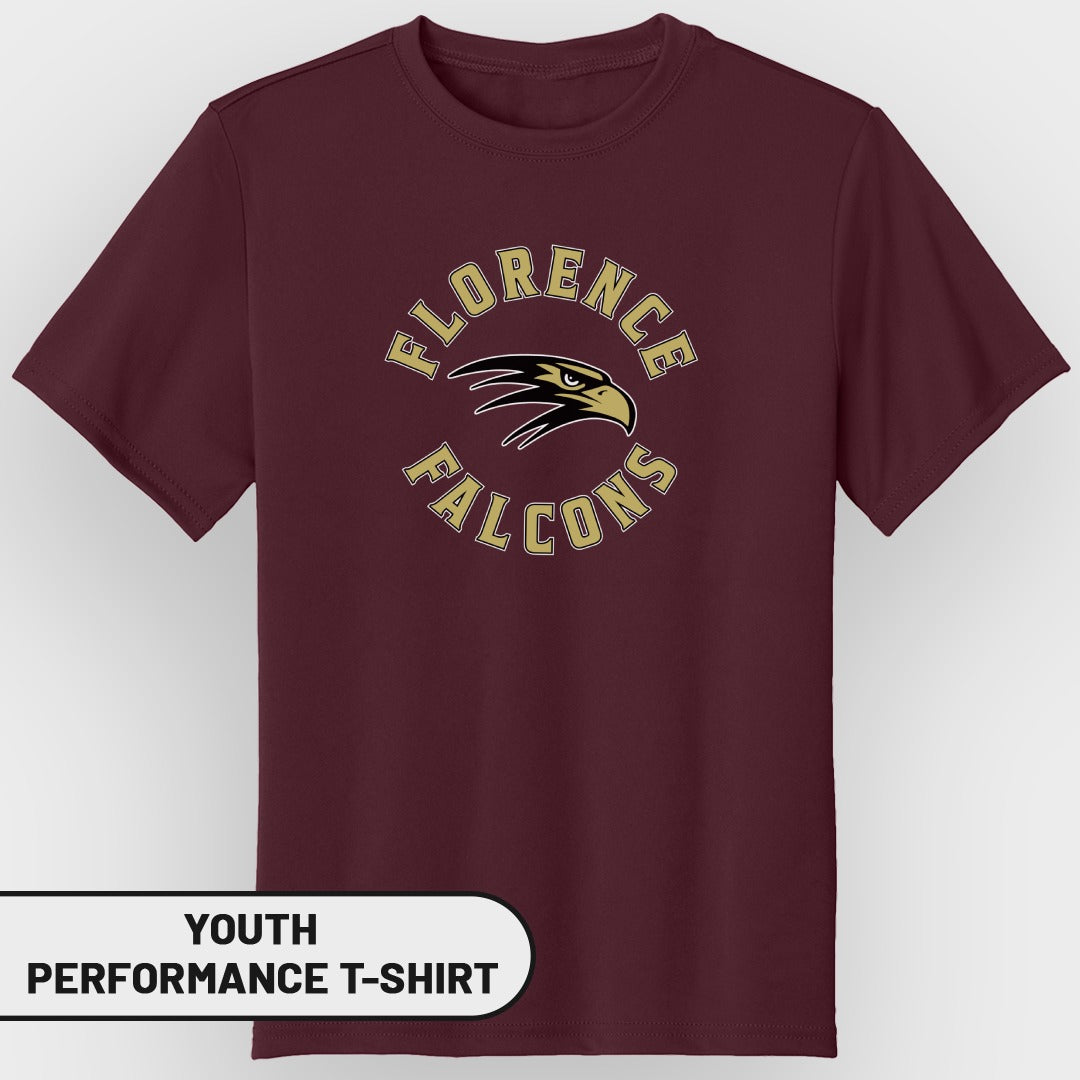 Maroon youth performance t-shirt with Florence Falcons logo.