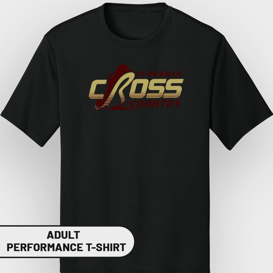 Black adult performance t-shirt with "Florence Cross Country" graphic.