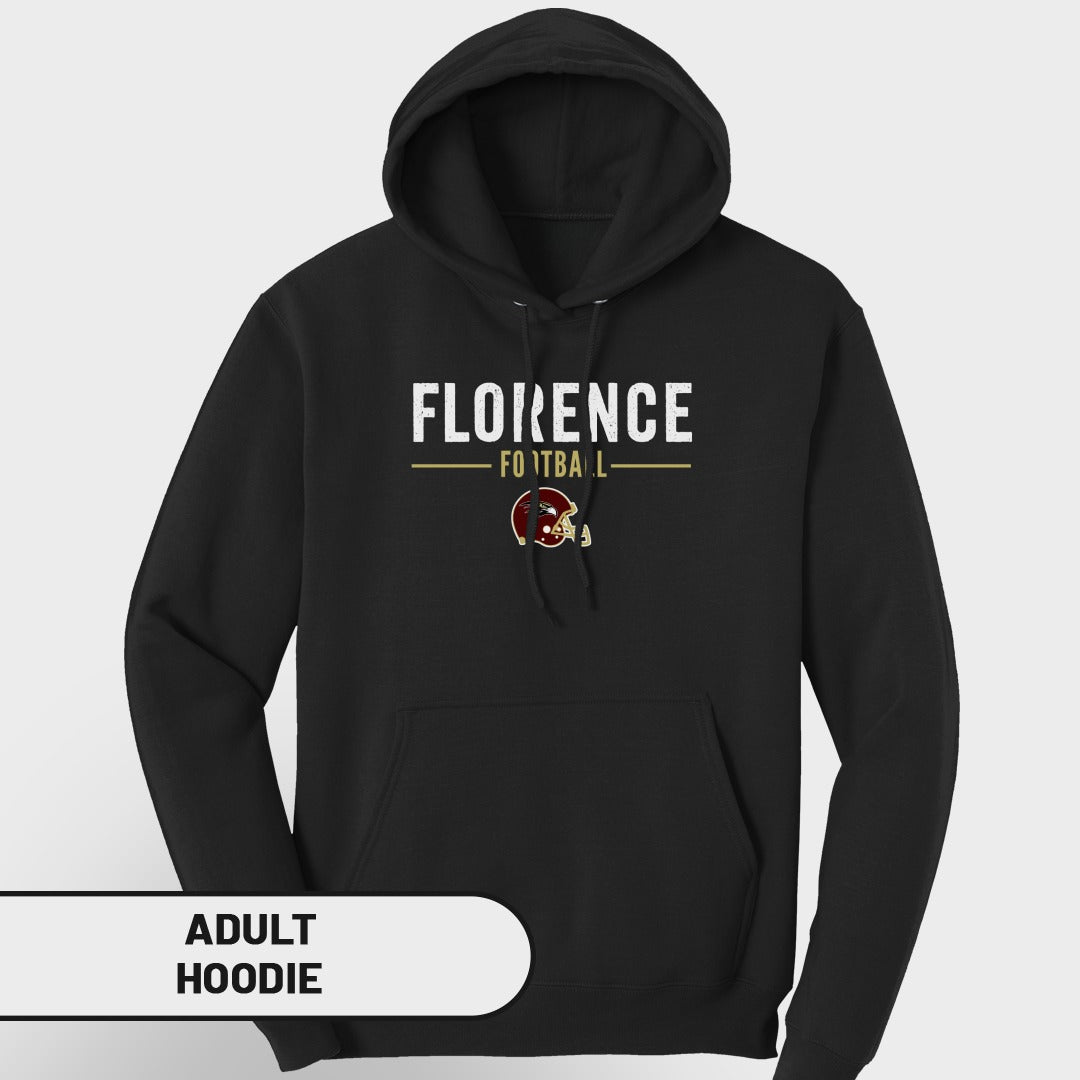 Black adult hoodie with "Florence Football" text and helmet graphic.