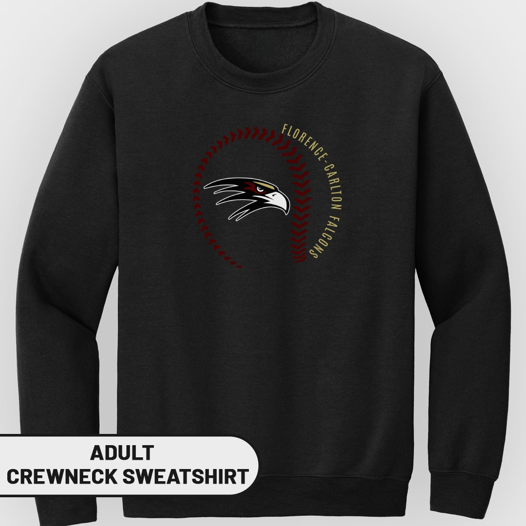 Black adult crewneck sweatshirt with Florence-Carlton Falcons logo and baseball stitching.