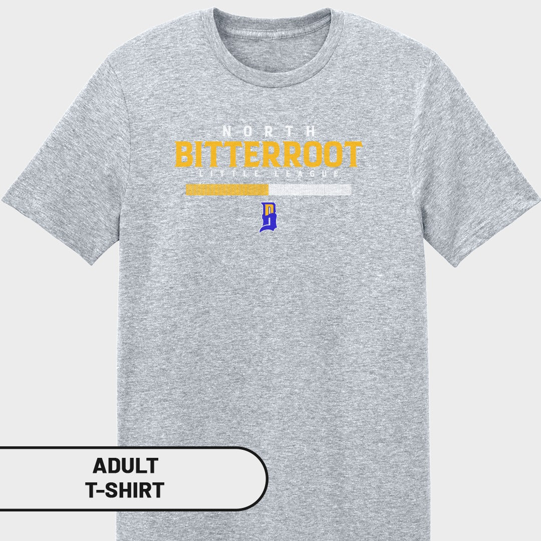 Adult gray t-shirt with "NORTH BITTERROOT LITTLE LEAGUE" text.
