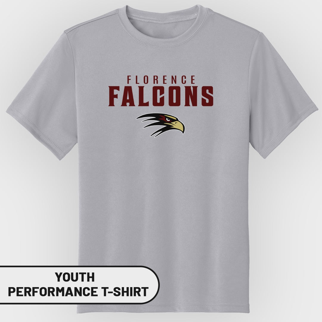Gray youth performance t-shirt with "Florence Falcons" and eagle logo.