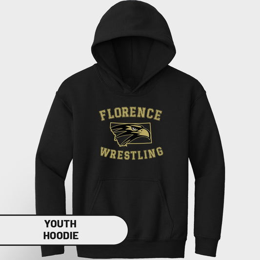 Black youth hoodie with "Florence Wrestling" and eagle logo.