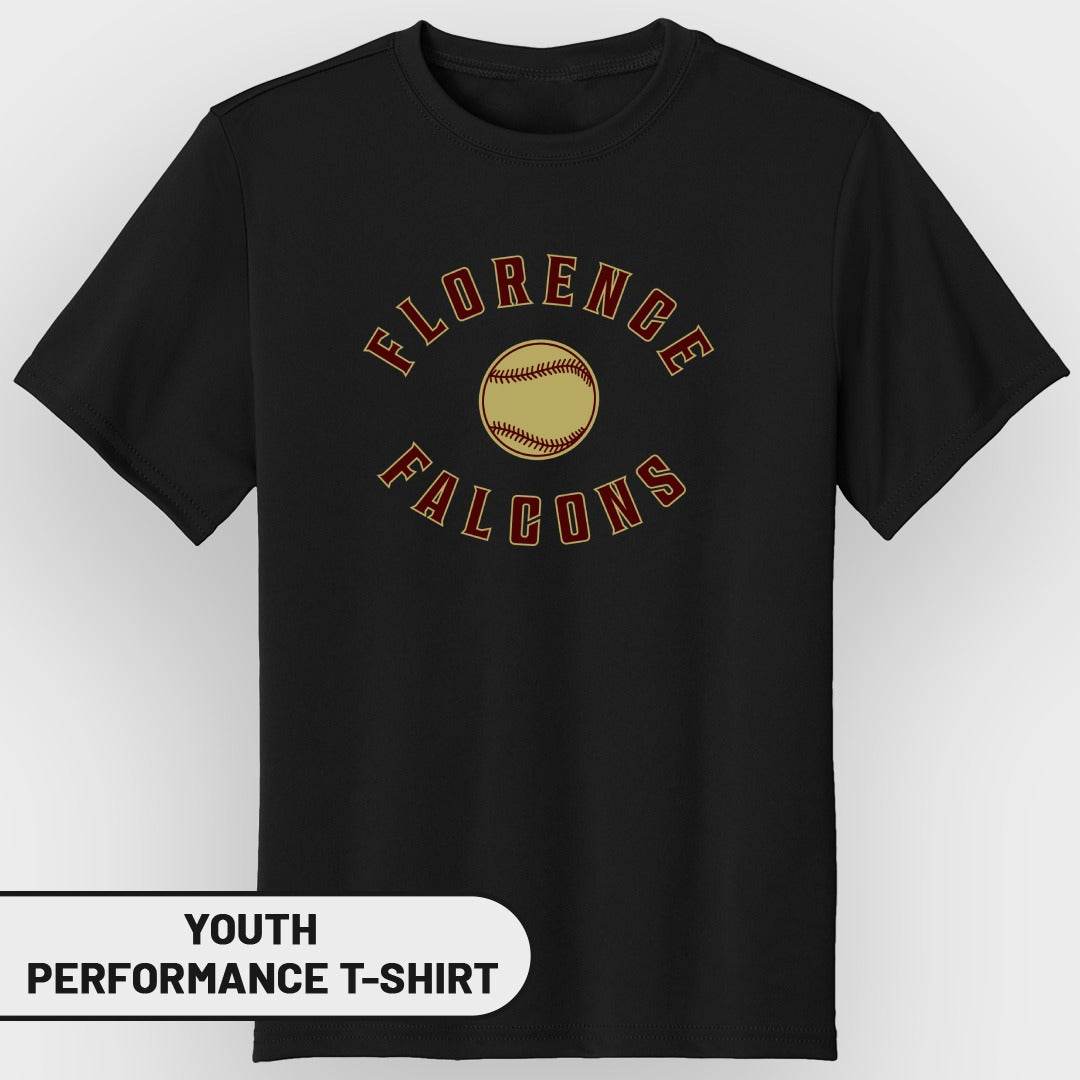 Black youth performance t-shirt with "Florence Falcons" and baseball graphic.