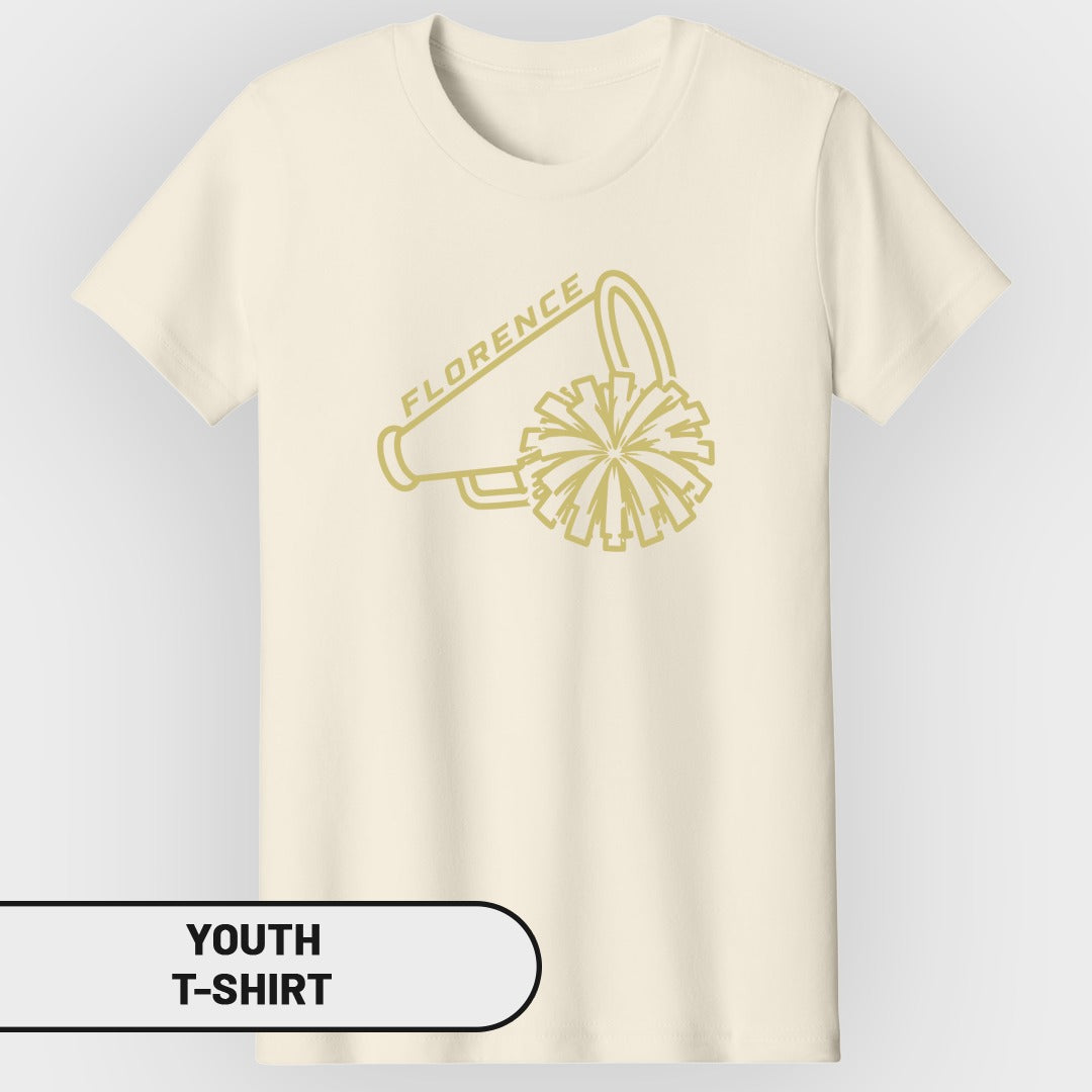 Youth t-shirt with gold outline graphic of a megaphone and pom-pom.