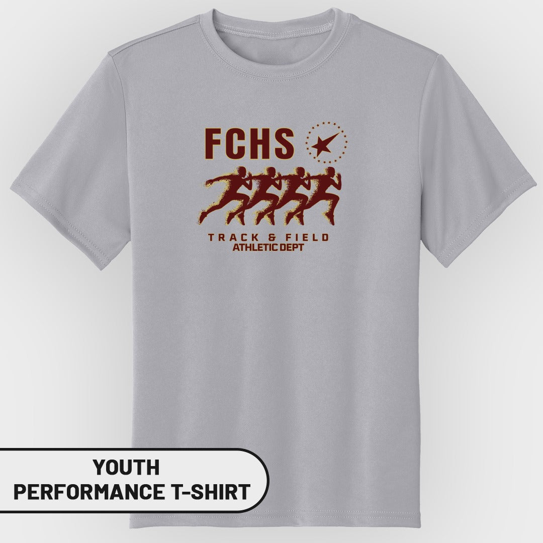 Grey youth performance t-shirt with FCHS Track & Field Athletic Dept graphic.