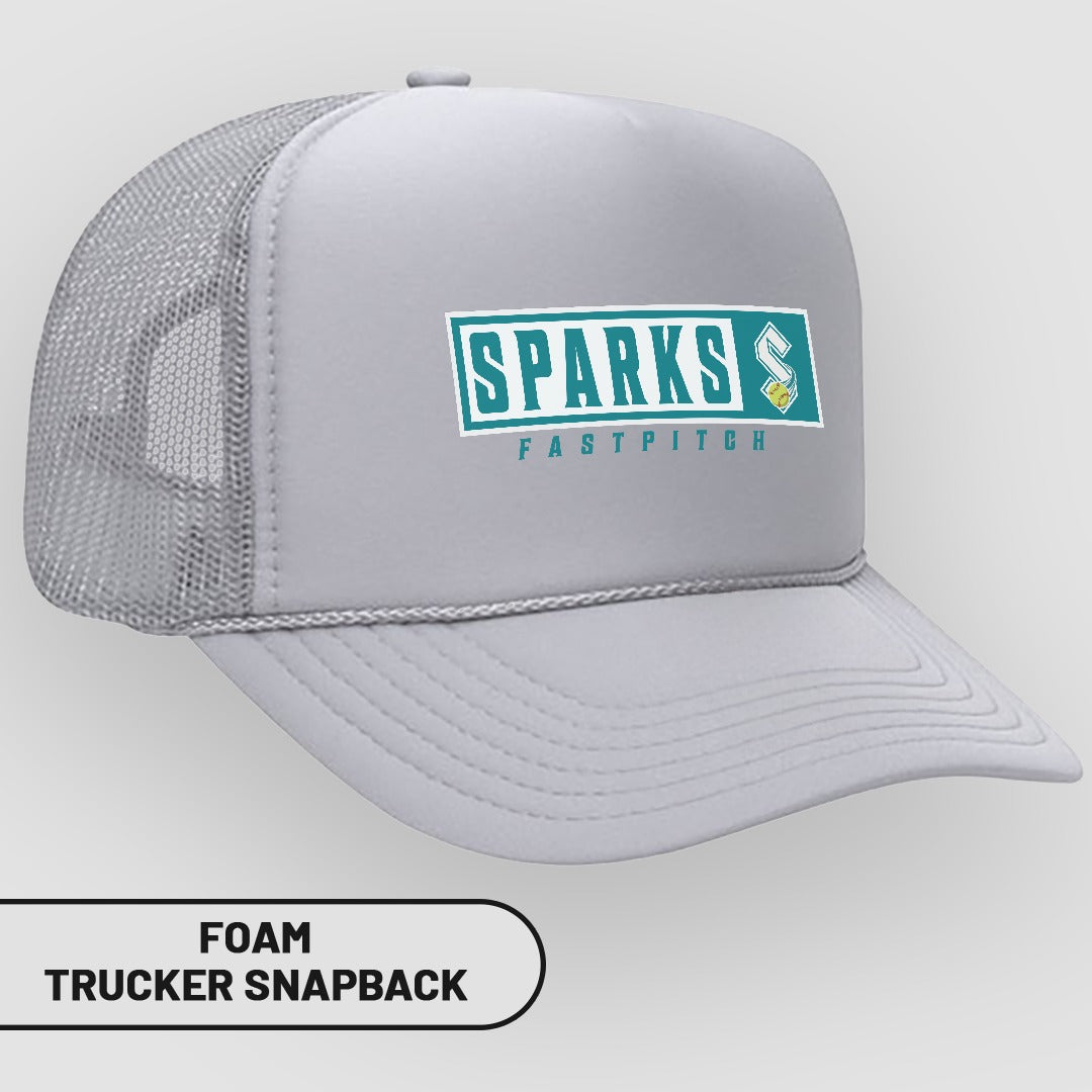 Grey foam trucker snapback hat with "SPARKS FAST PITCH" logo.