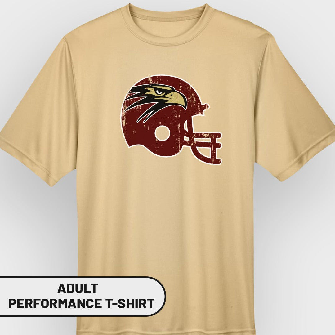 Tan adult performance t-shirt with maroon distressed eagle helmet graphic.
