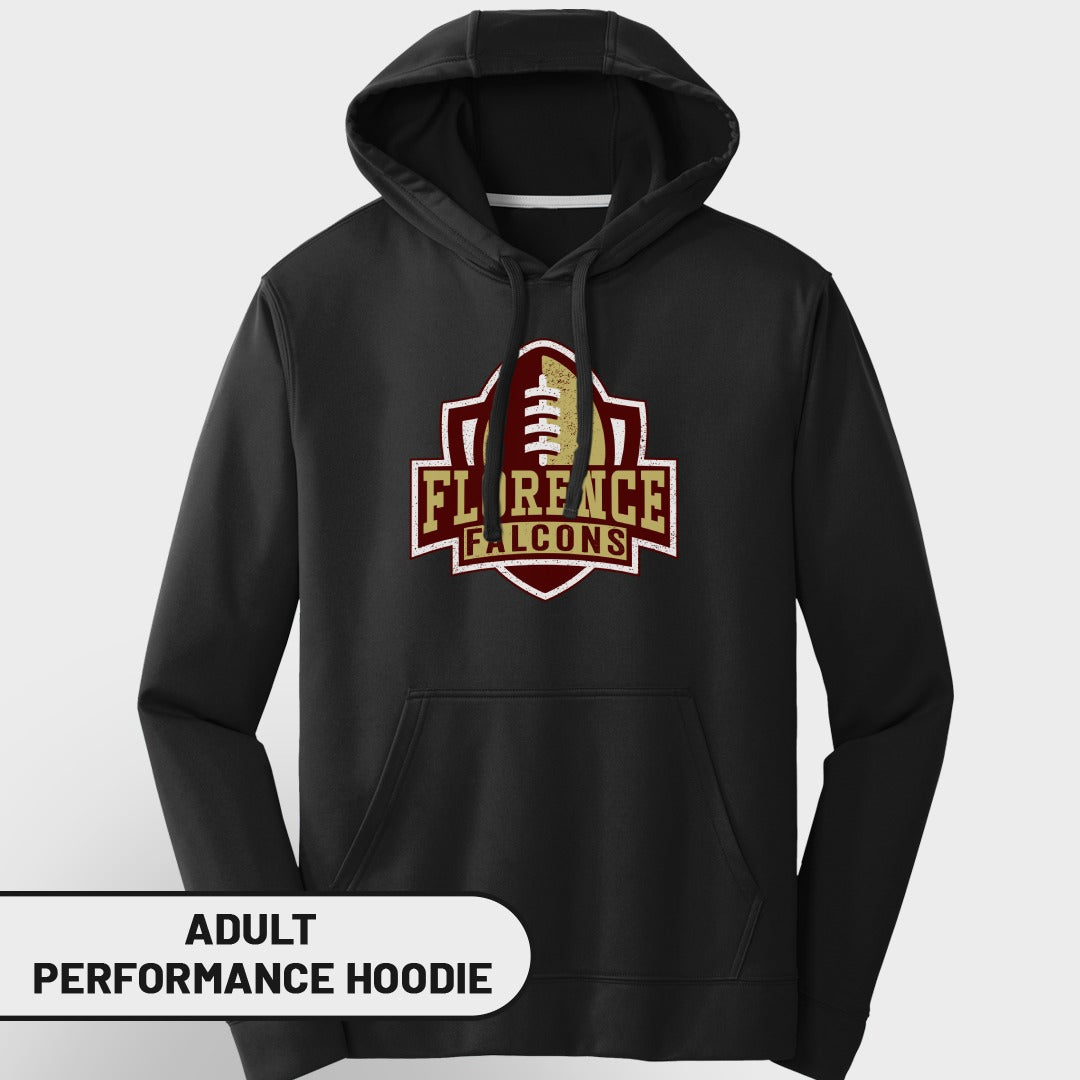Black adult performance hoodie with Florence Falcons football logo.