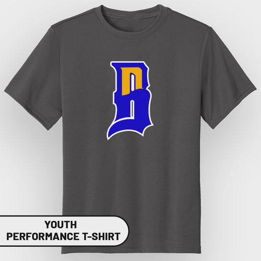Dark grey youth performance t-shirt with a blue and yellow "B" logo.