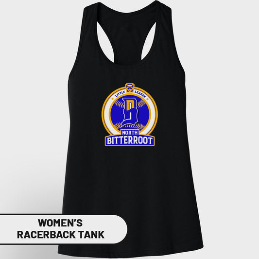 Women's racerback tank featuring Little League North Bitterroot logo.