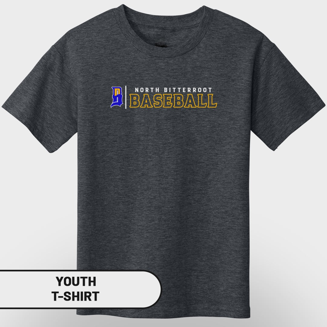 Dark gray youth t-shirt with "North Bitterroot Baseball" text.