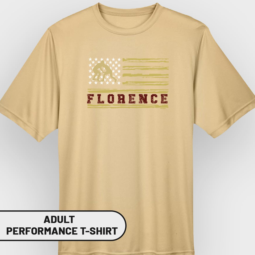 Tan t-shirt with American flag graphic, wrestling silhouette, and "FLORENCE" text.