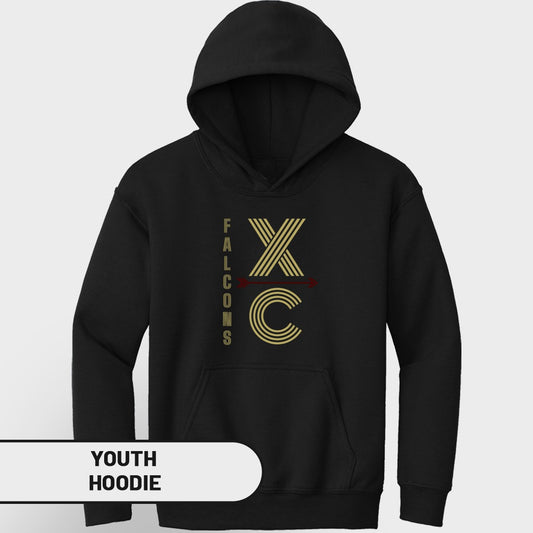 Black youth hoodie with "FALCONS XC" text and arrow graphic.
