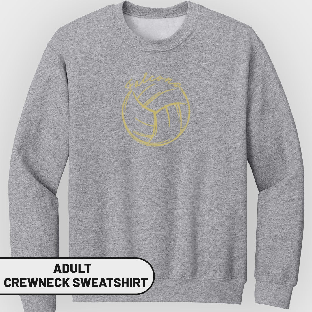 Grey adult crewneck sweatshirt with a golden volleyball graphic and text.