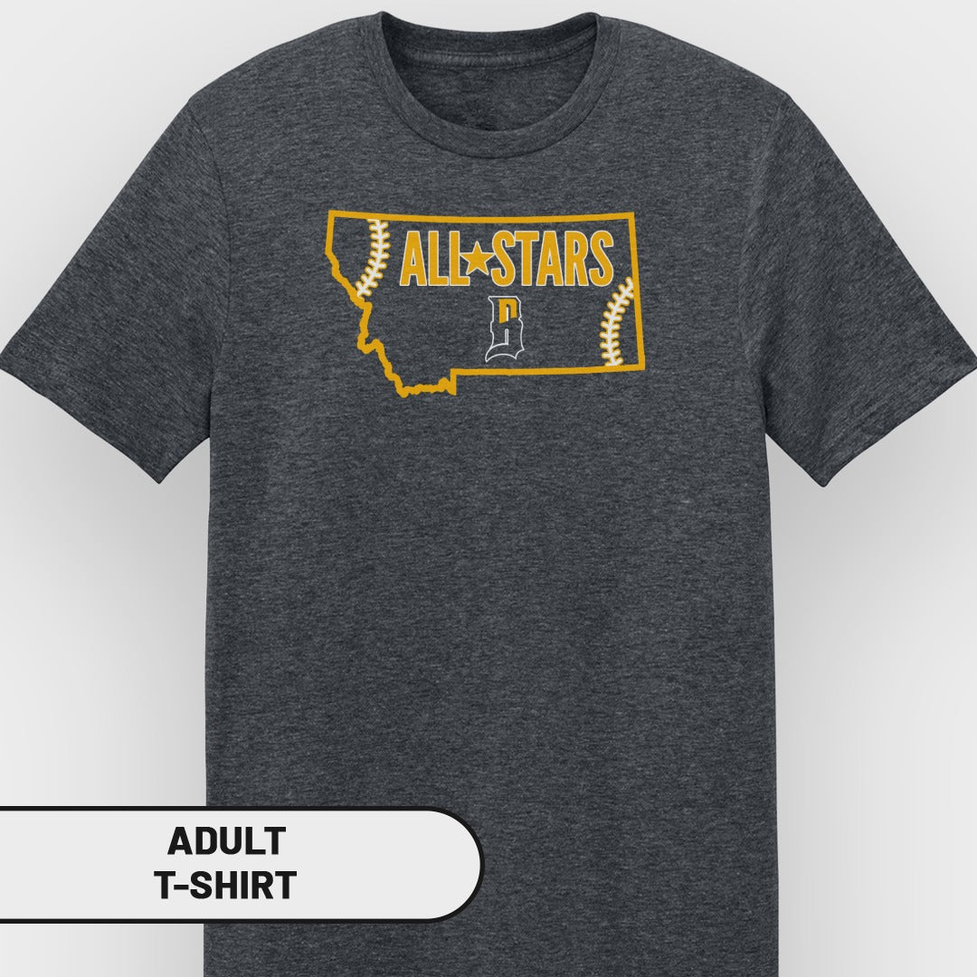 Dark grey t-shirt with "ALL STARS" and Montana outline graphic.