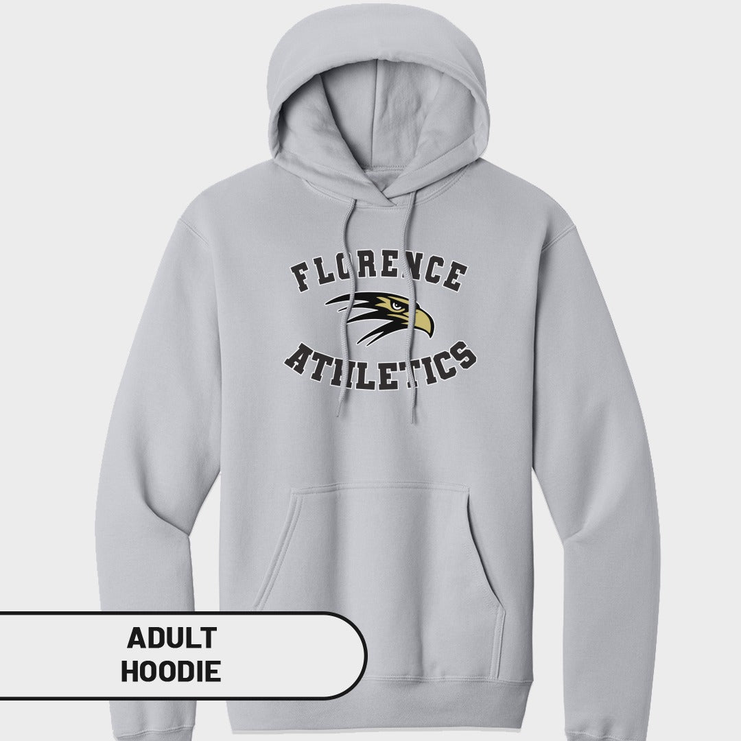 Light gray adult hoodie with "FLORENCE ATHLETICS" and eagle logo on chest.