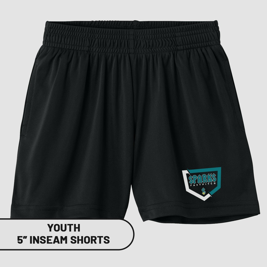 Black youth softball shorts with "Sparks Fastpitch" logo.