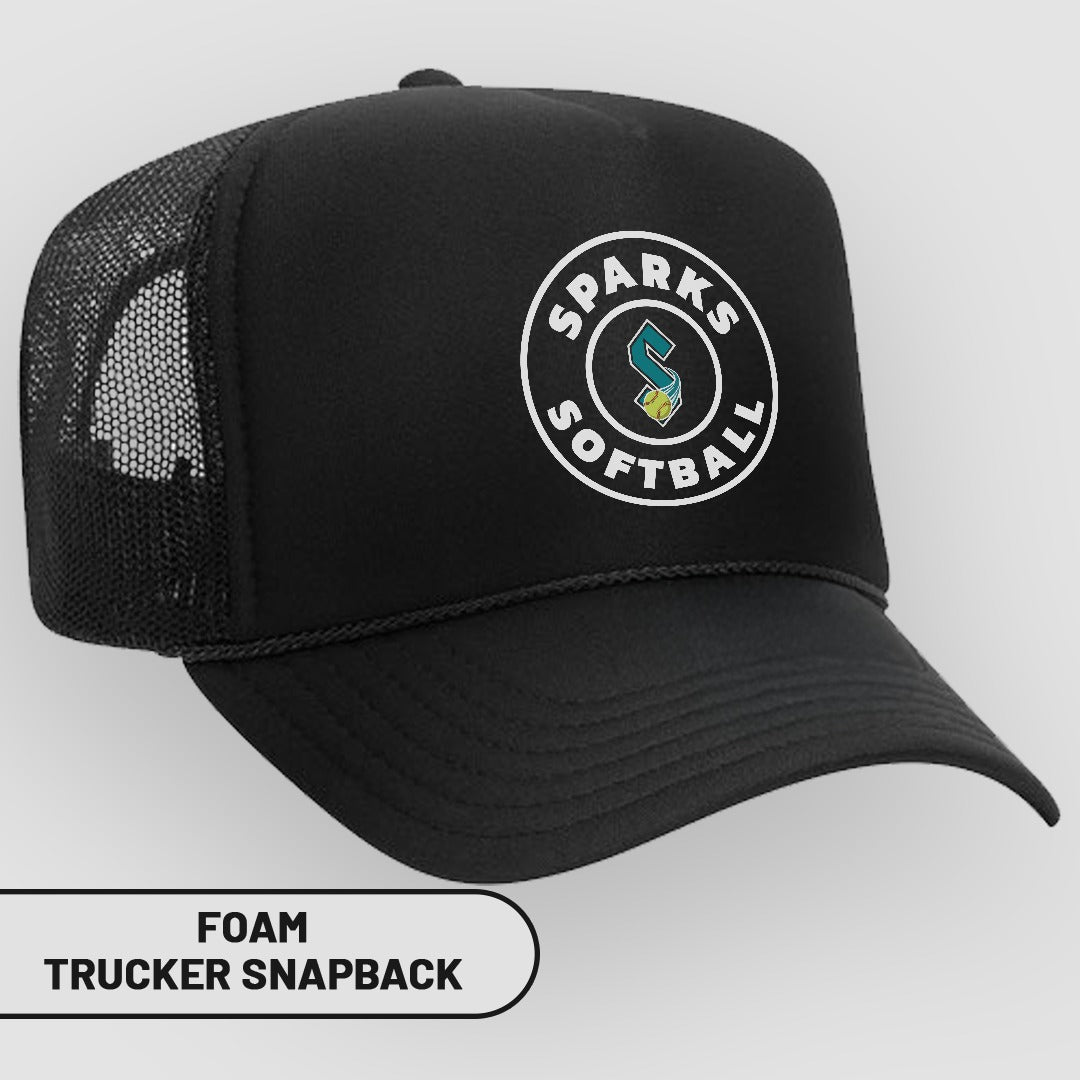 Black trucker hat with "SPARKS SOFTBALL" logo and "FOAM TRUCKER SNAPBACK" text.
