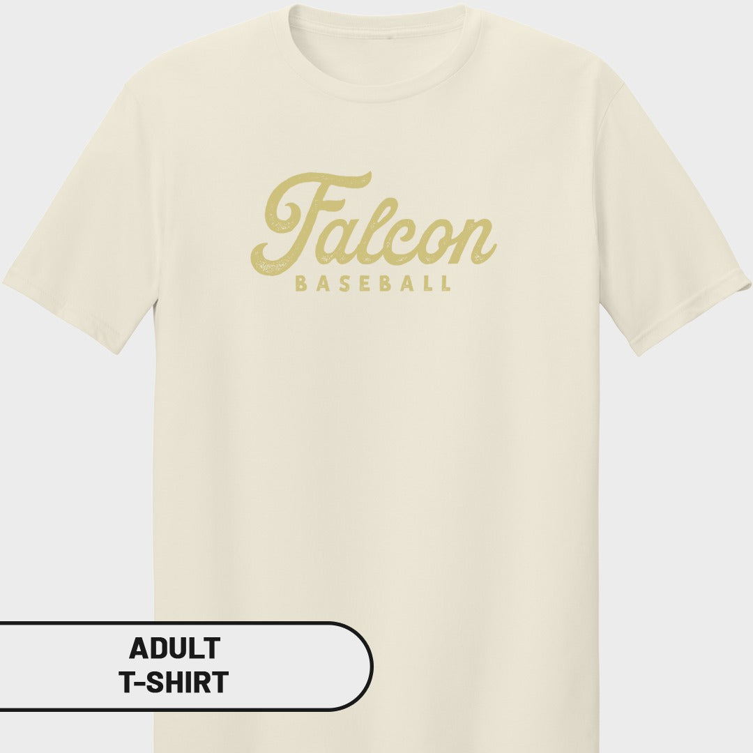 Cream adult t-shirt with gold "Falcon Baseball" text graphic.