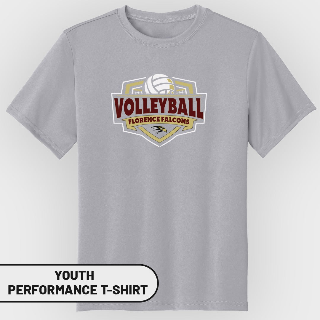 Grey youth performance t-shirt with "Volleyball Florence Falcons" logo and volleyball graphic.