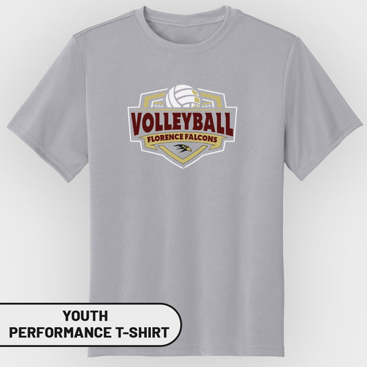 Grey youth performance t-shirt with "Volleyball Florence Falcons" logo and volleyball graphic.