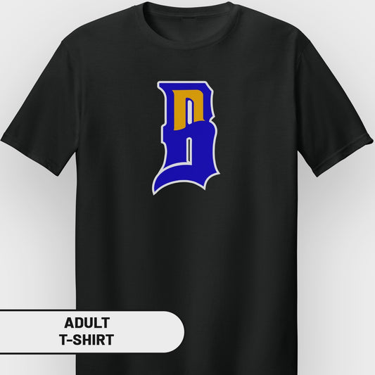 Black t-shirt with blue and yellow "B" logo and "ADULT T-SHIRT" text.