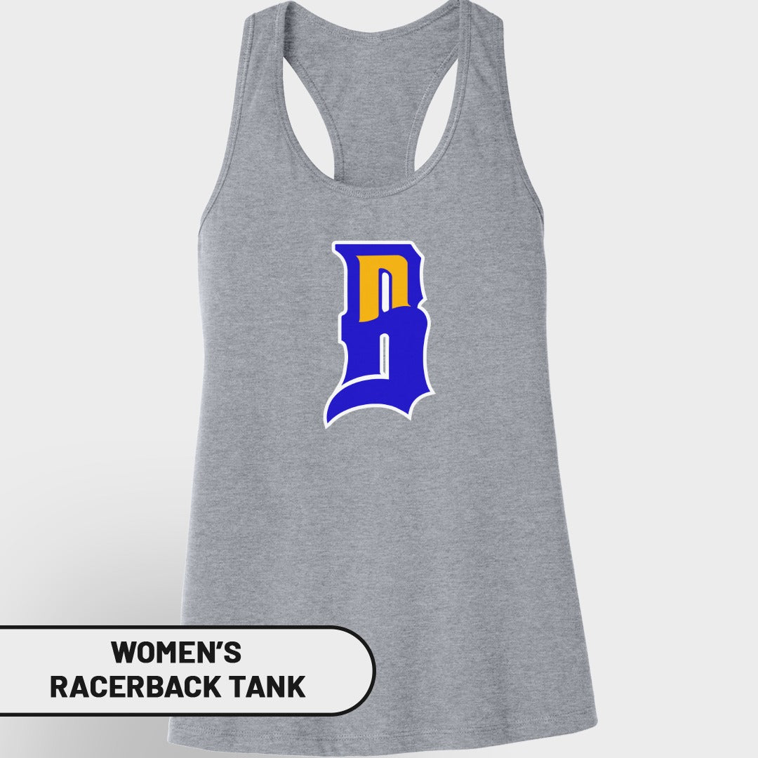 Gray women's racerback tank top with a blue and yellow "B" logo.