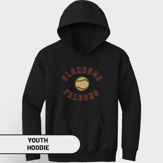 Black youth hoodie with "Florence Falcons" text and baseball graphic.