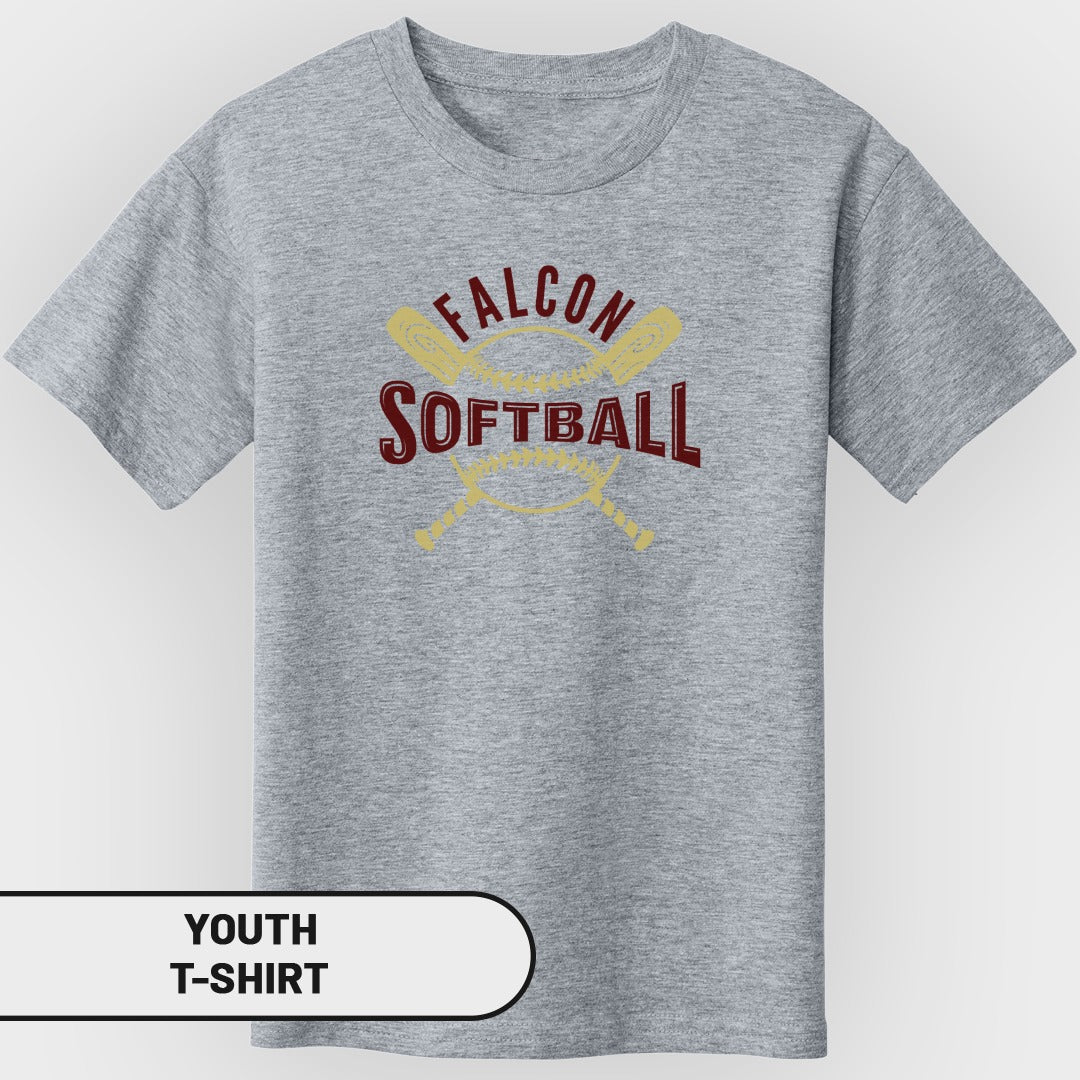Youth grey t-shirt with "Falcon Softball" text and baseball graphic.