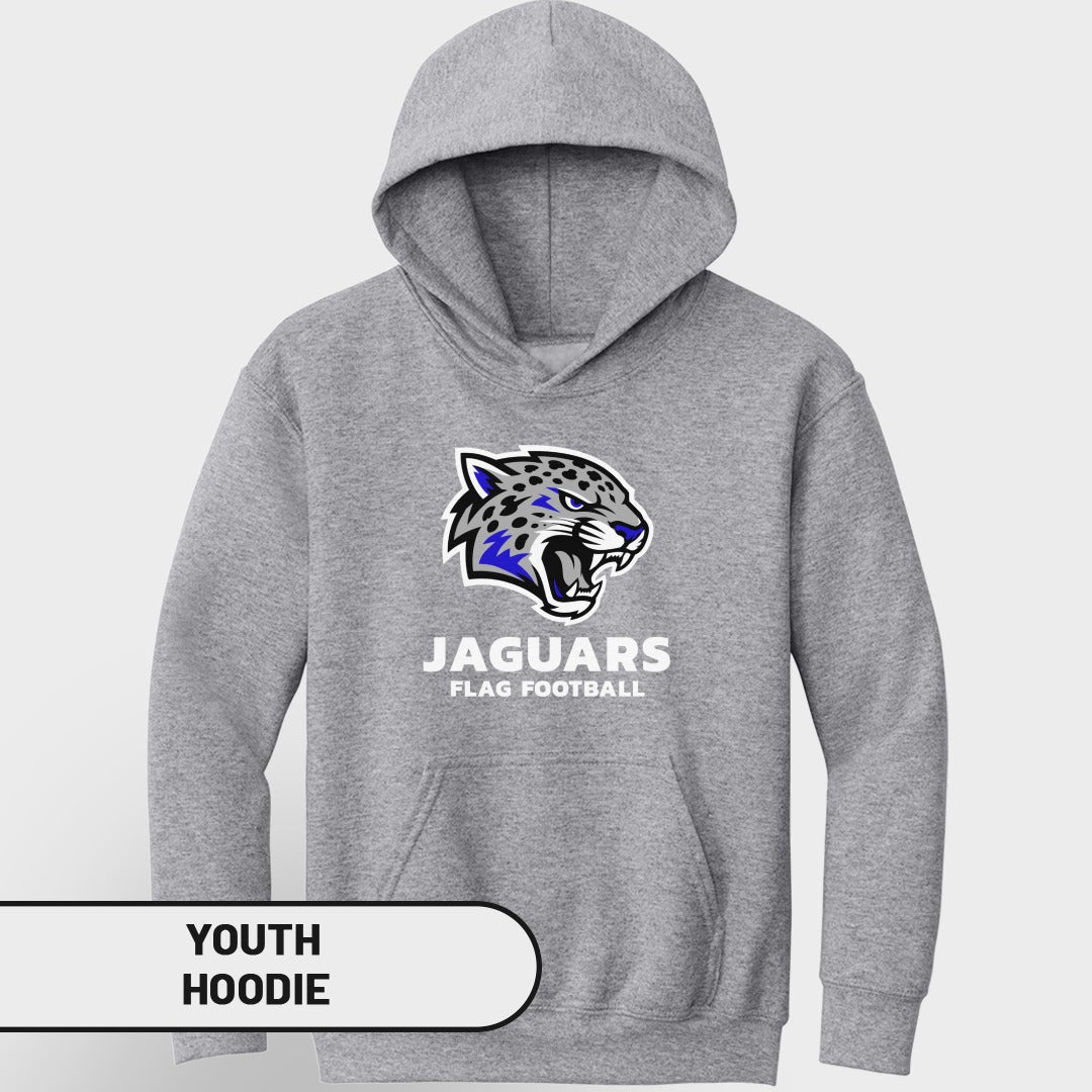 Grey youth hoodie with "JAGUARS FLAG FOOTBALL" and jaguar logo.