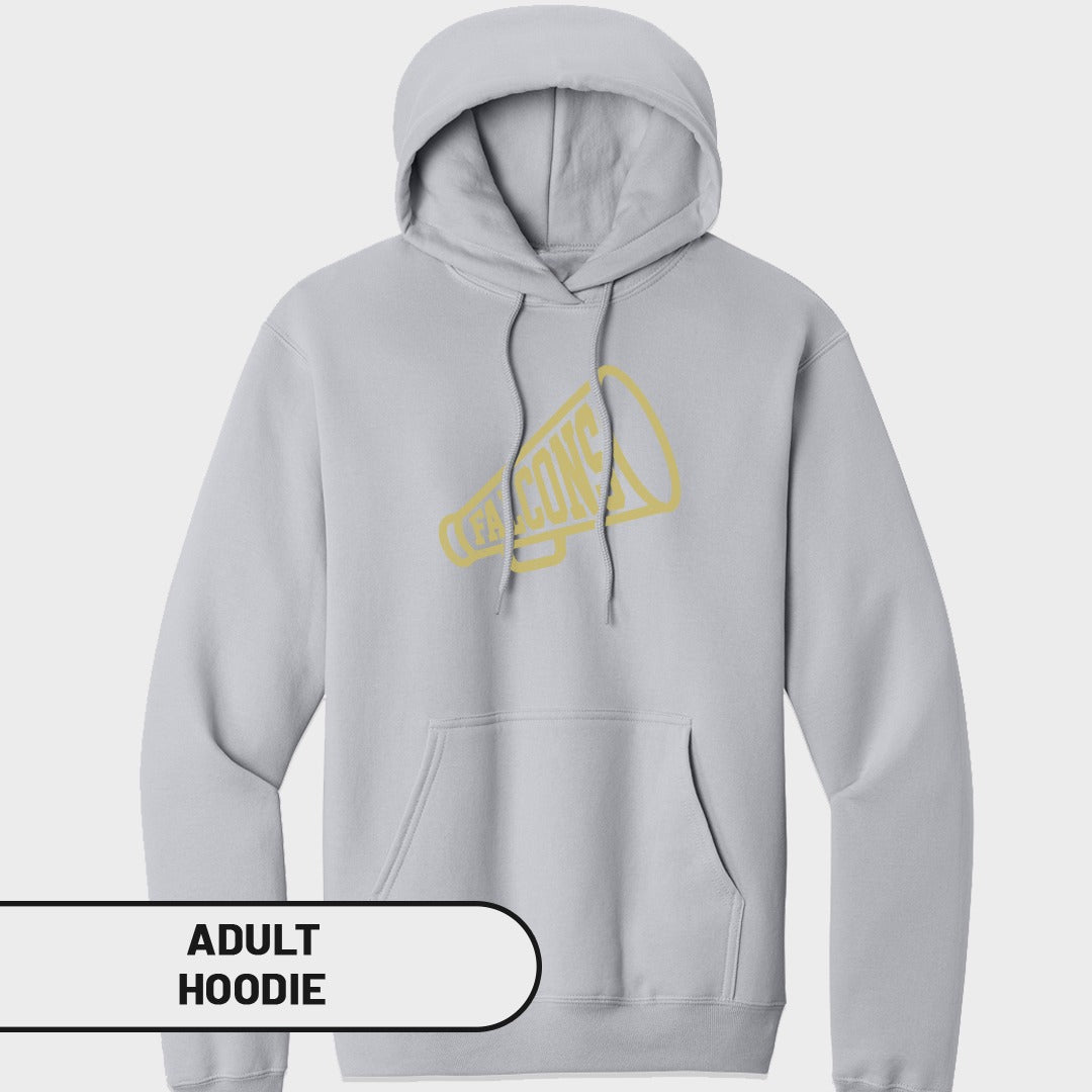 Light grey adult hoodie with yellow "Falcons" text on a megaphone graphic.