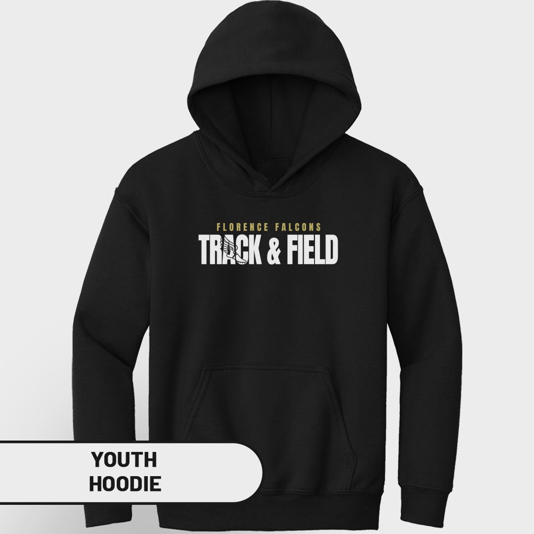 Black youth hoodie with "Florence Falcons Track & Field" text and logo.