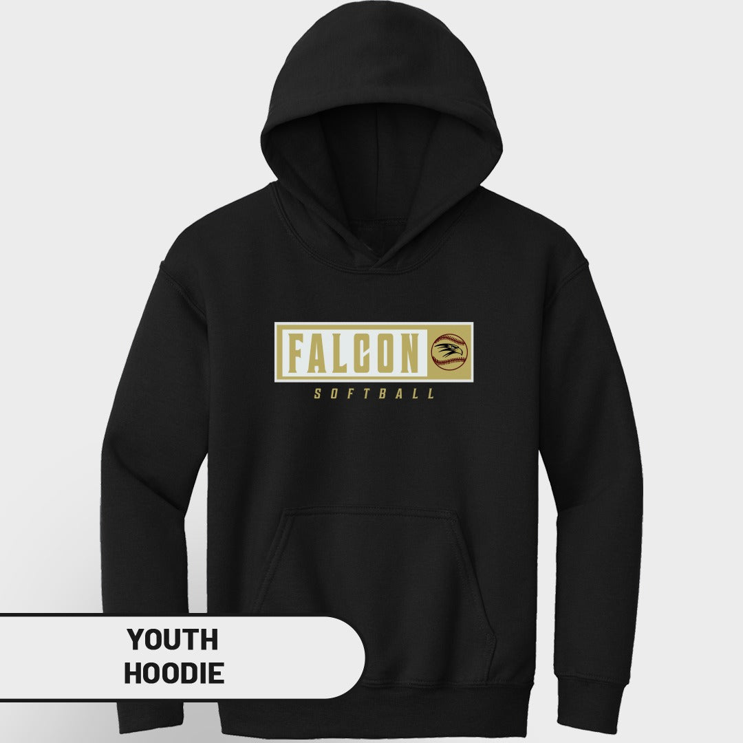 Black youth hoodie with "FALCON SOFTBALL" logo and softball graphic.
