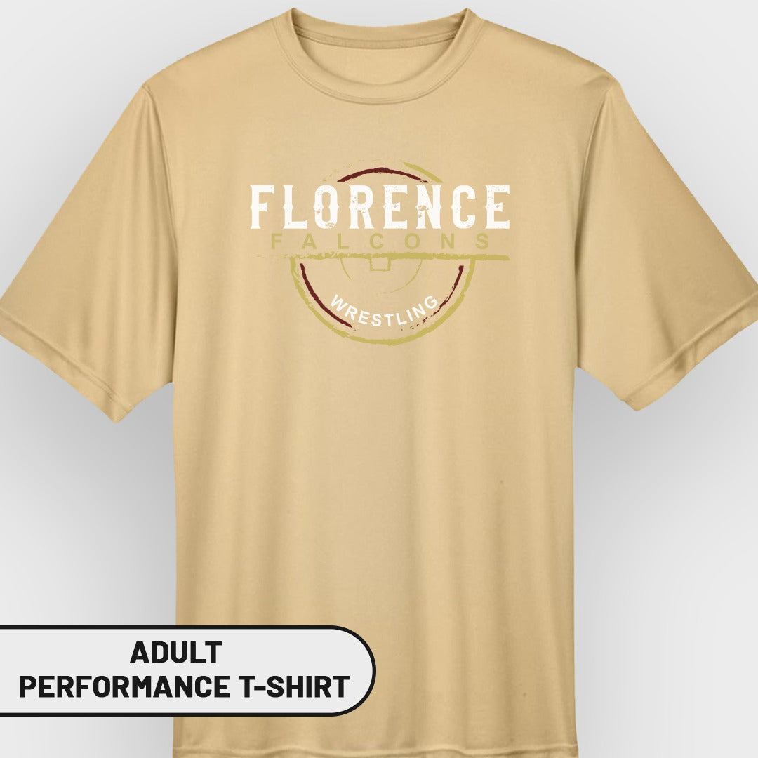 Tan t-shirt with Florence Falcons wrestling graphic and adult performance t-shirt label.