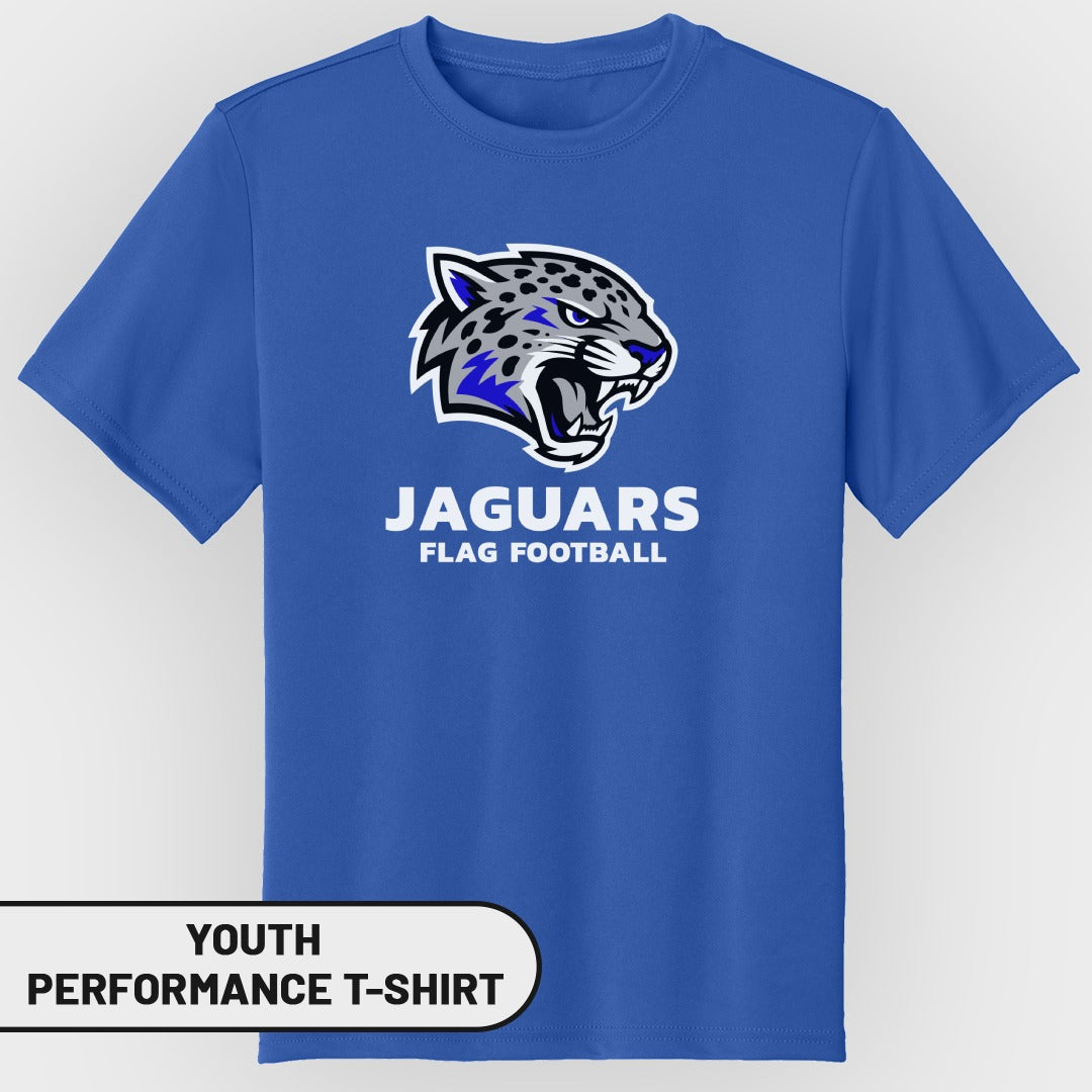 Blue youth performance t-shirt with Jaguars flag football logo.