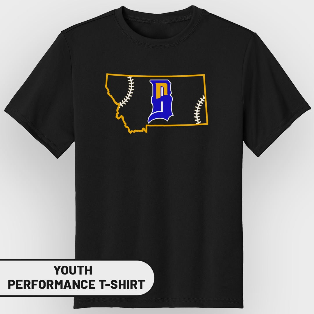 Black youth performance t-shirt with Montana outline and blue "B" logo.